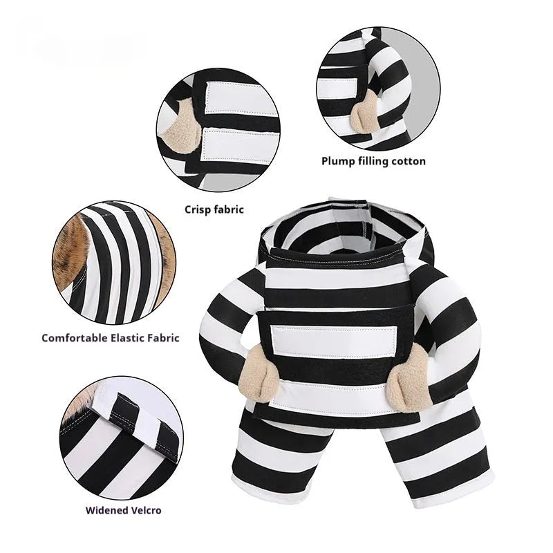 Black and white striped dog Halloween costume on a dog, made from polyester, available in sizes S to XL
