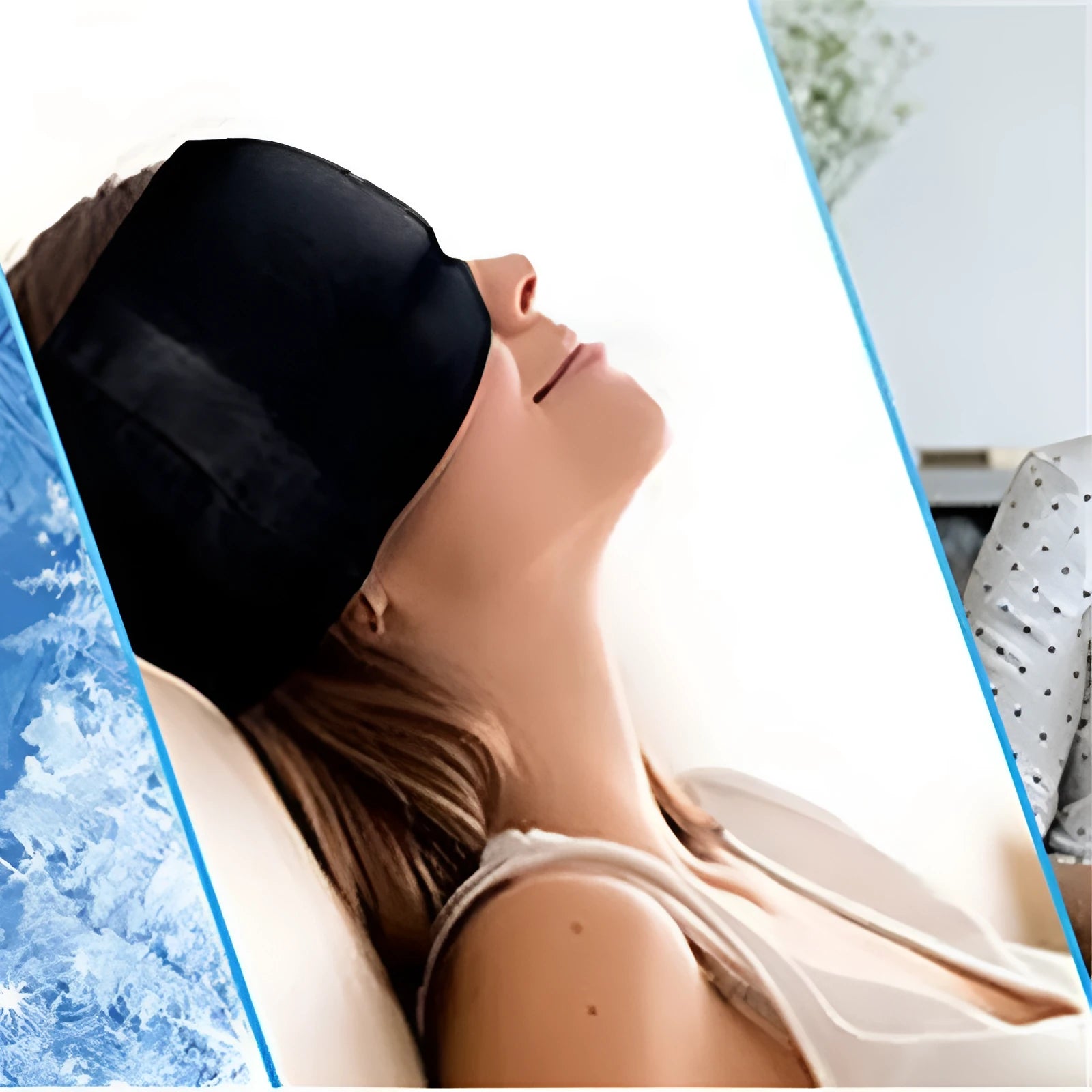 Black elastic cloth gel cooling eye mask for headache relief on a white background.