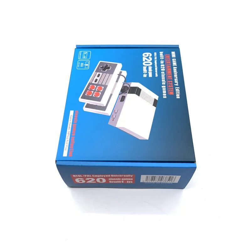 NES retro game console with two controllers showing compact design and AV output connections