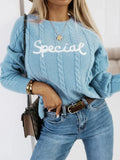 Blue crew neck pullover sweater with embroidered letters pattern in street fashion style