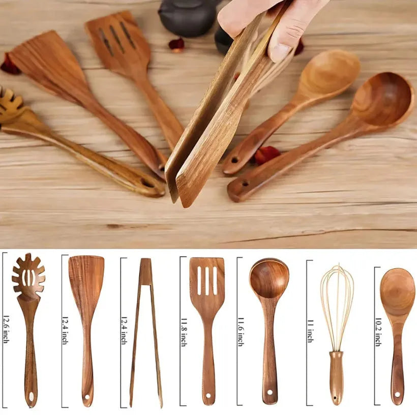 Set of seven wooden cooking utensils with spoon and shovel shapes for use with non-stick pans.