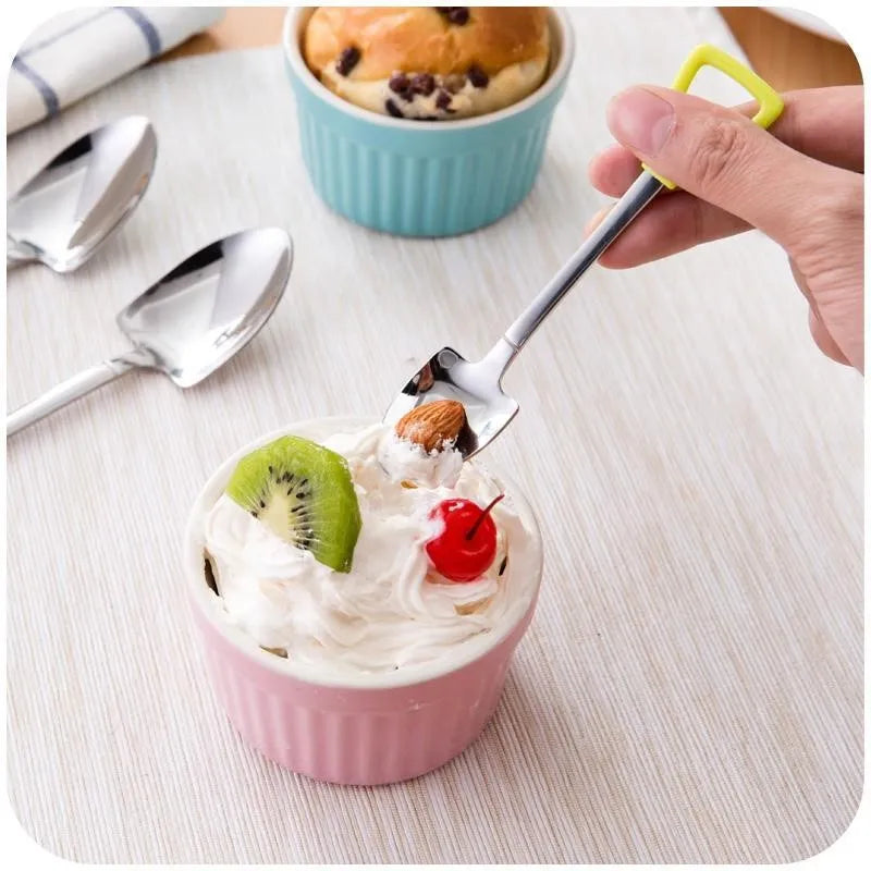 Children's 201 stainless steel dessert spoon with mirror polish, green colour, size M