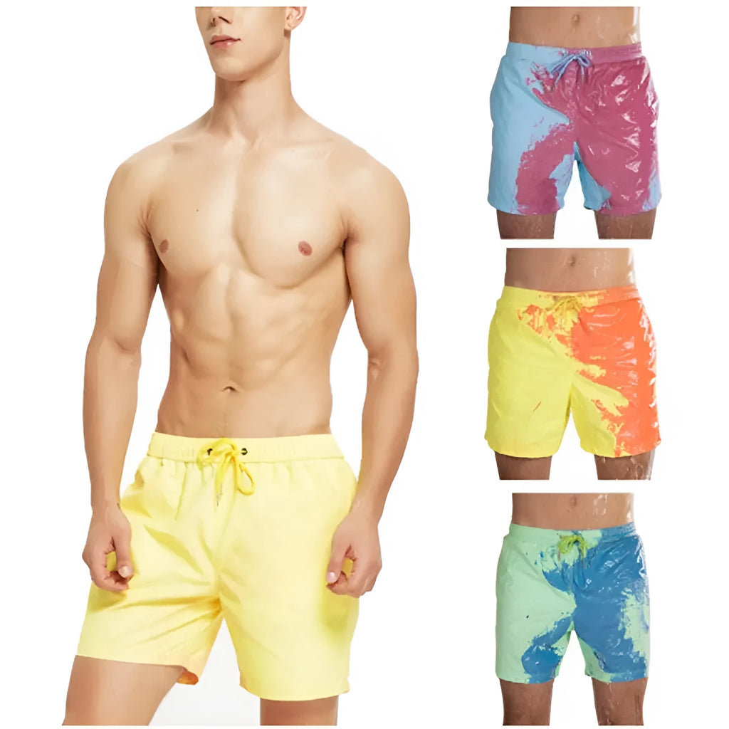Colour-changing men's beach shorts with quick-dry polyester fabric and drawstring waist