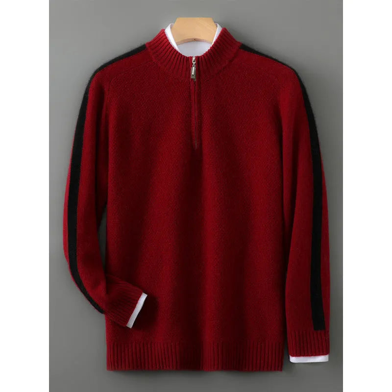 Half zip round neck slim fit wool sweater in grey on a hanger