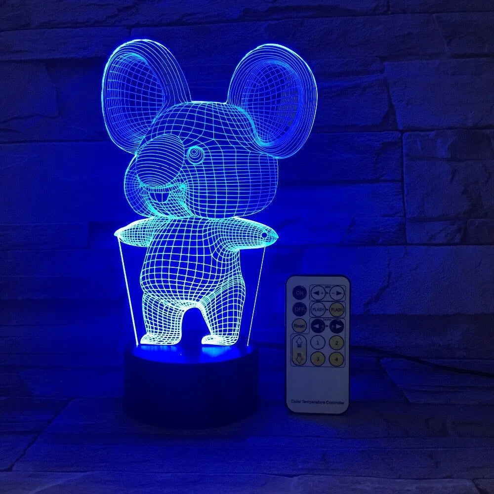 Koala-themed LED night light with touch or remote control, showing seven colour options on a compact base