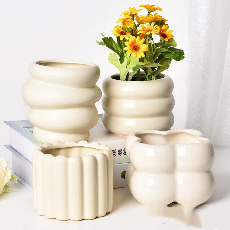 Roman column matte yellow ceramic flowerpot with self-absorbent water-saving design
