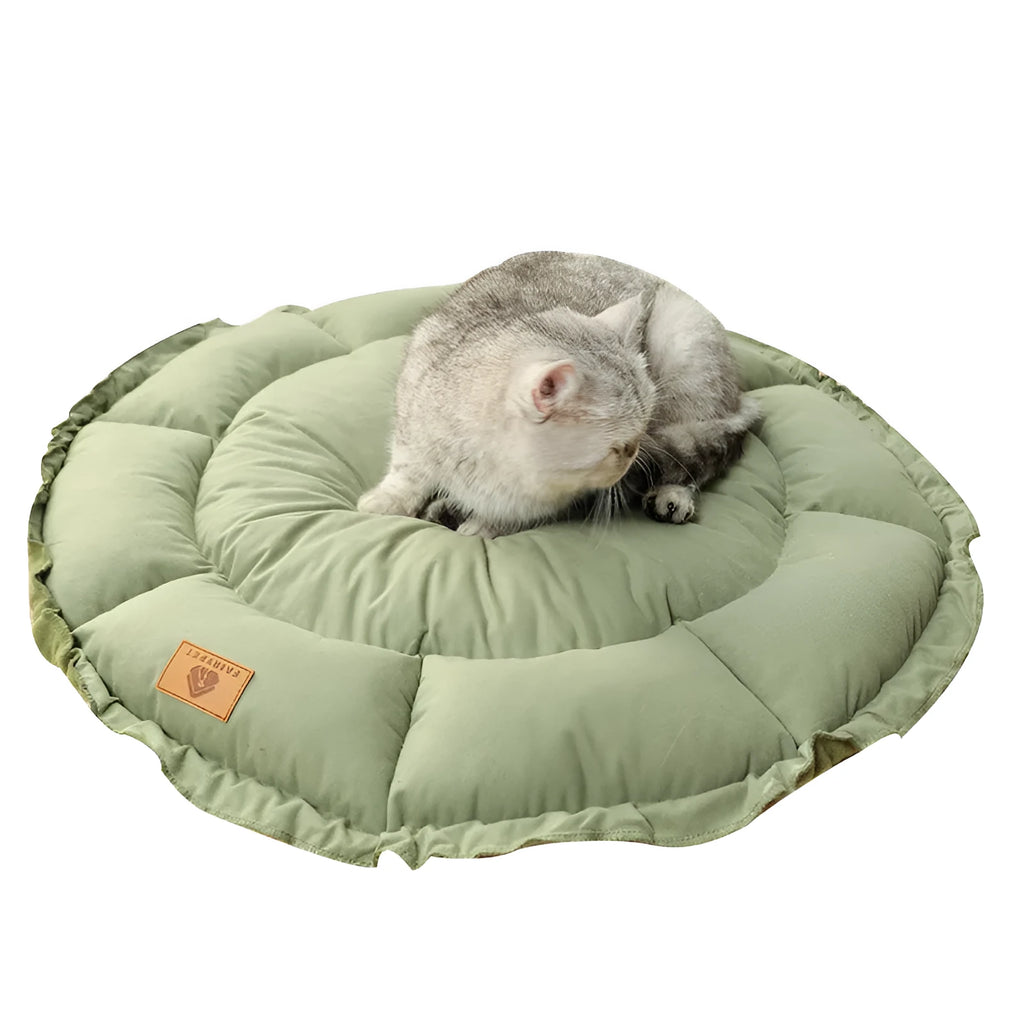 Grey and green reversible donut cat bed shown in small, medium, and large sizes