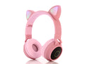 Cartoon cat ears wireless Bluetooth gaming headset showing colour options including pink, light blue, purple, skin tone, and green