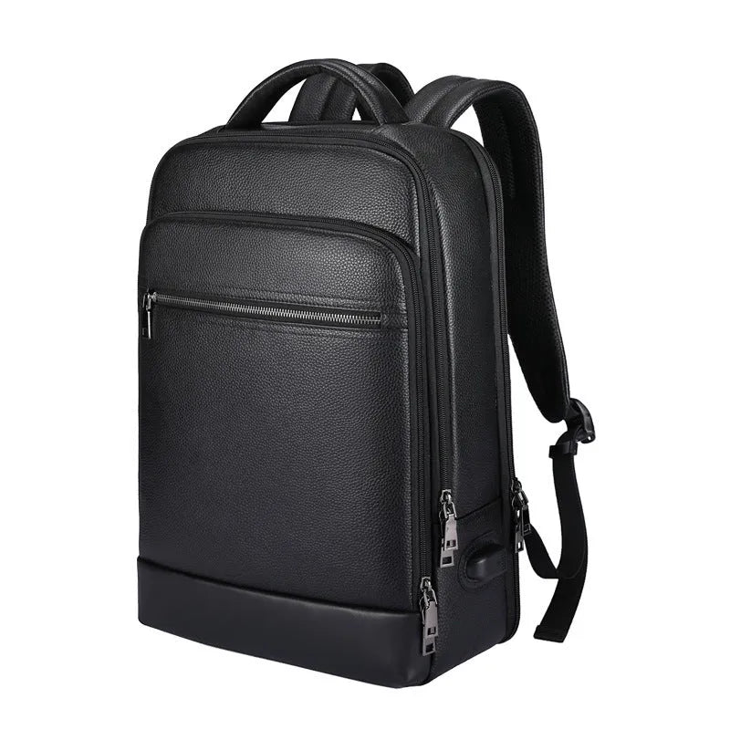 Black leather men's business computer backpack with curved shoulder straps