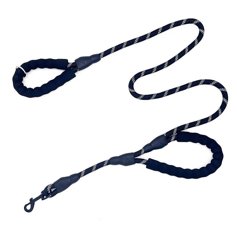 Pet dog double handle reflective nylon lead in black, 1.5m length x 1.2cm width