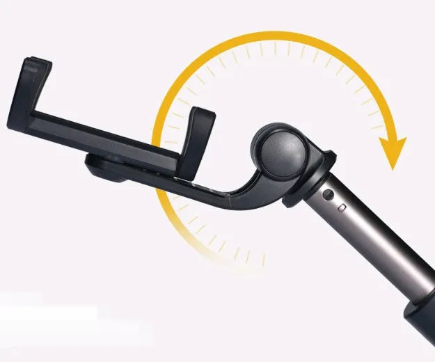 Black Bluetooth selfie stick with tripod bracket extended showing phone clamp and remote control
