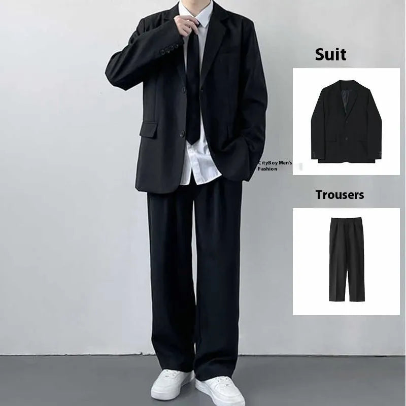 Men's plus size college style suit jacket set with matching trousers, white shirt and tie