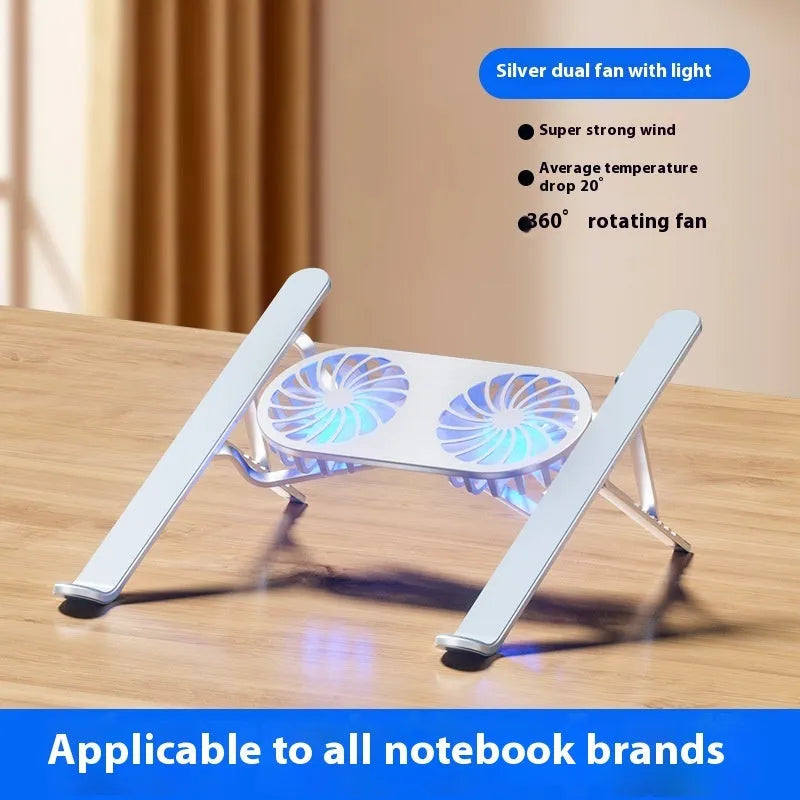 Aluminium alloy laptop cooling stand with twin fans and adjustable height mechanism in silver finish