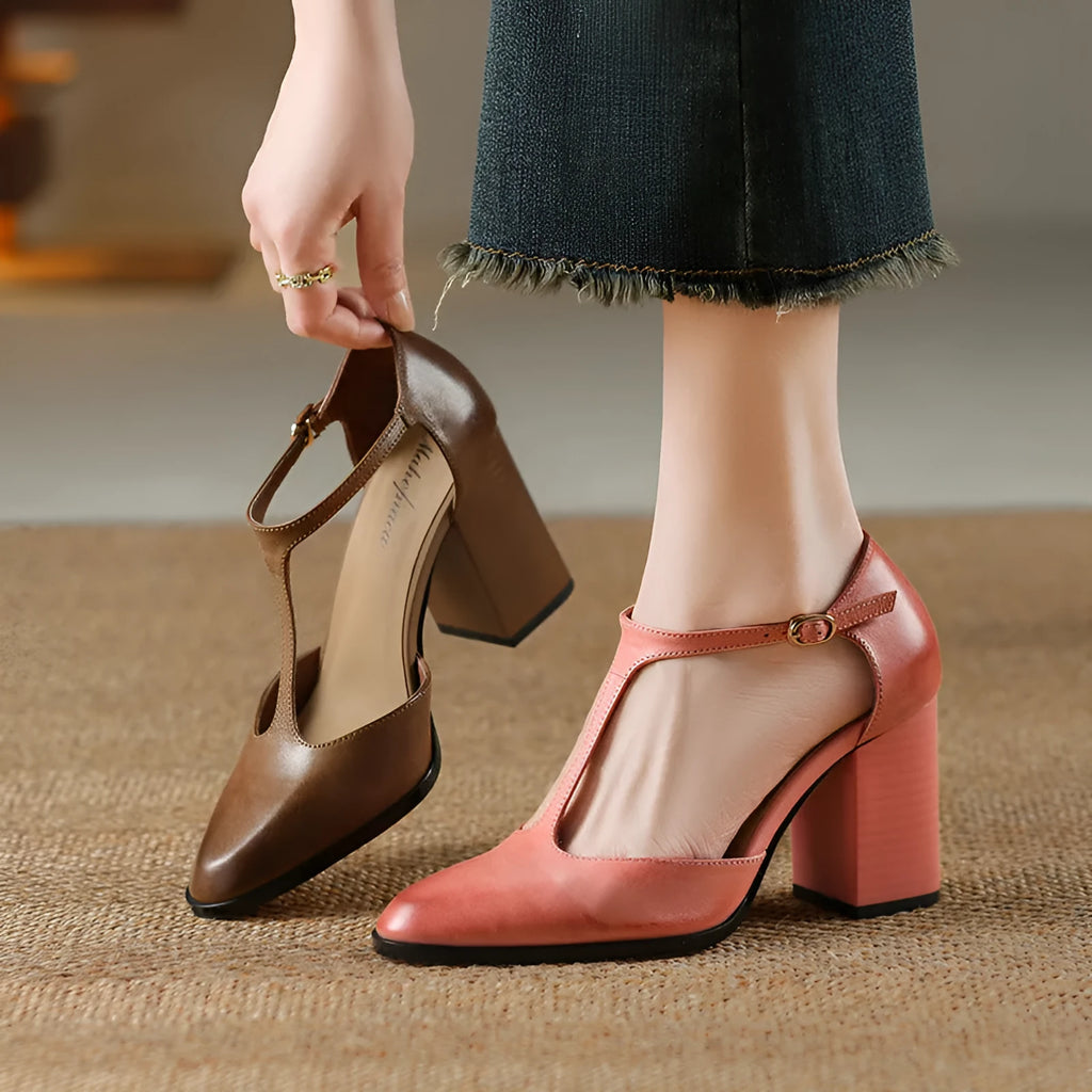 Women's retro pointed-toe Mary Jane shoes with buckle in pink or dark brown cowhide