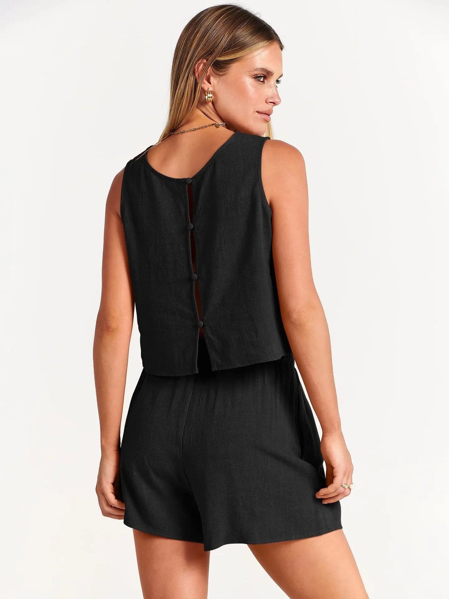 Women's two-piece summer set with sleeveless top and drawstring shorts in rayon linen material