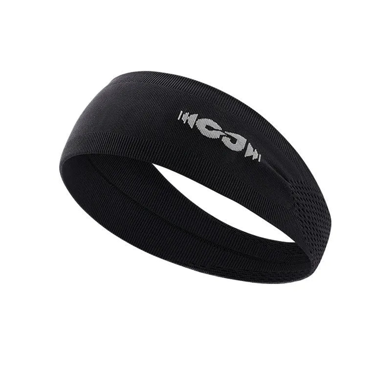 Seamless knitted exercise sweatband in black, shown flat, suitable for running and cycling.