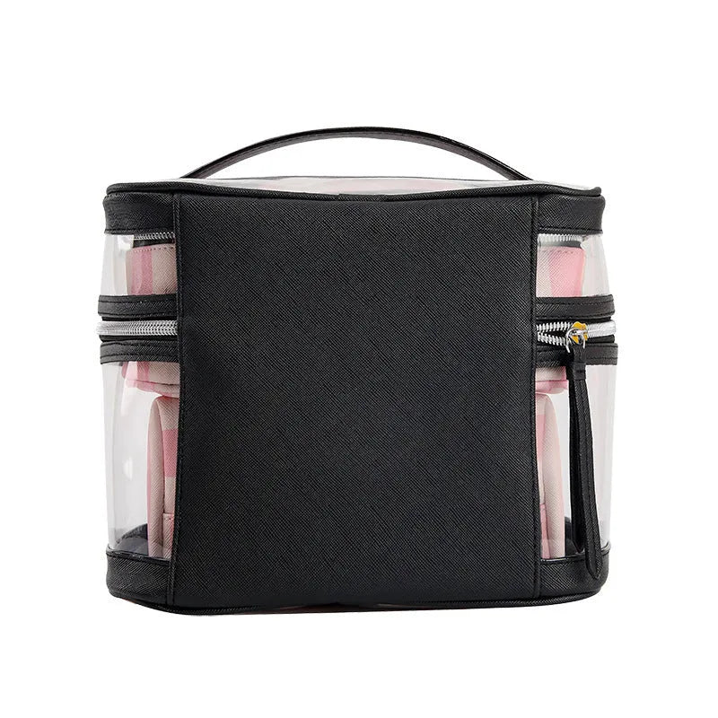Floral pattern pink striped waterproof makeup bag with synthetic leather exterior