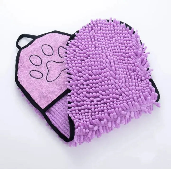 Blue pet bath robe towel with absorbent quick-dry fibre, shown at 62 cm by 23 cm size.