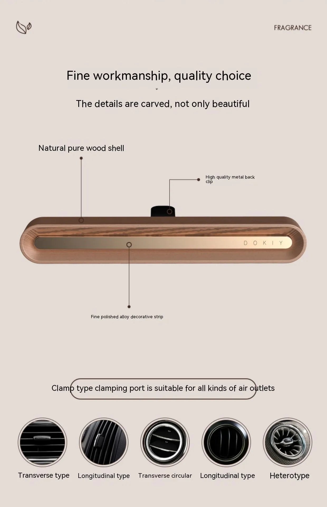 Long strip car aromatherapy ornament in walnut or metallic grey colour for vehicle air freshening and decoration