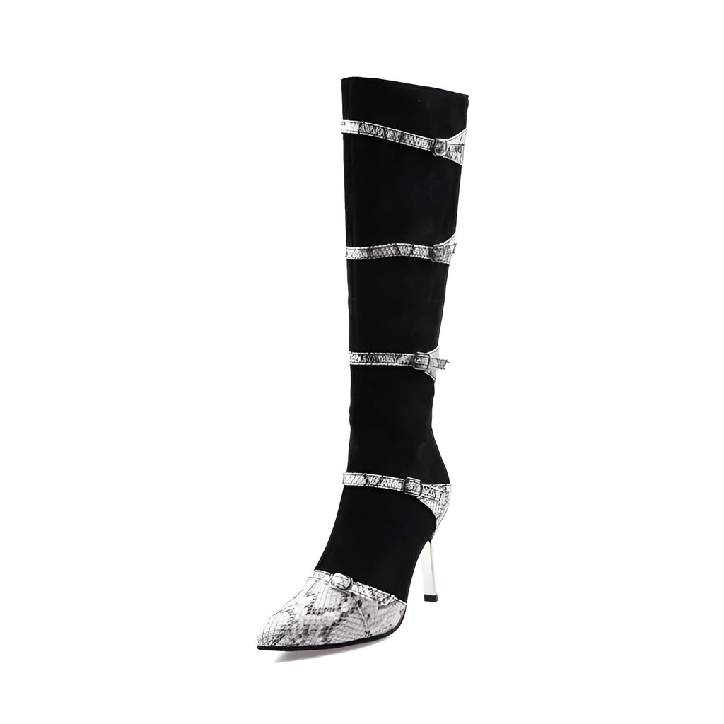Grey and black women's knee-high boots with a thin high heel on a plain background.
