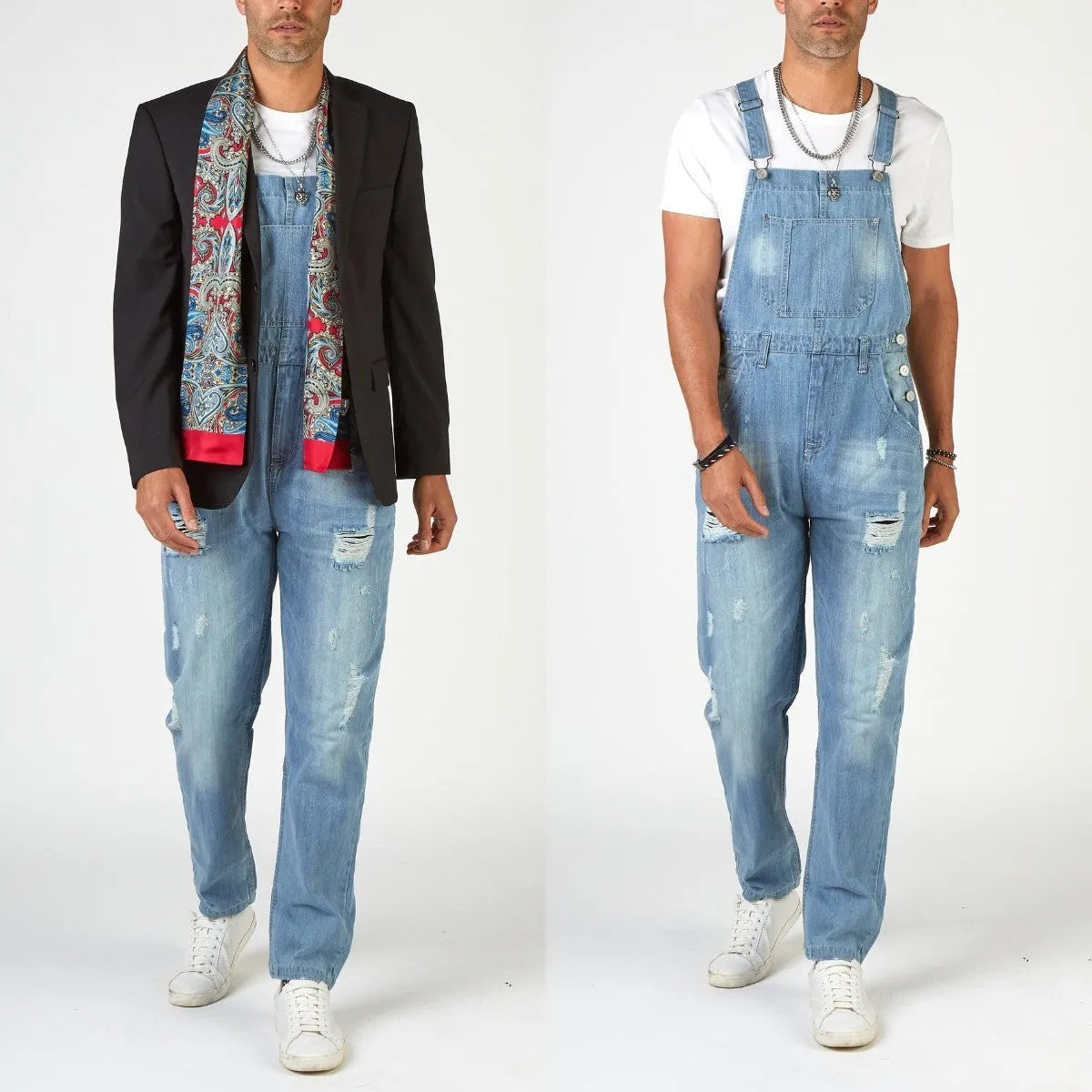 Light blue men's suspender jeans with ripped detailing, straight leg cut, and button cardigan closure