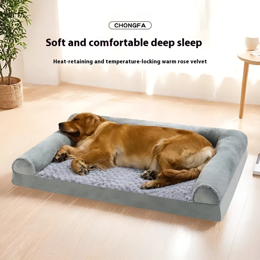 Grey cloth kennel for medium to large dogs showing three size options for indoor pet accommodation