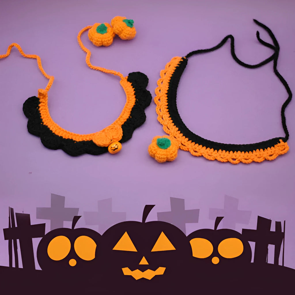 Hand crocheted wool Halloween pet collar with pumpkin design and bell in adjustable sizes for cats and dogs