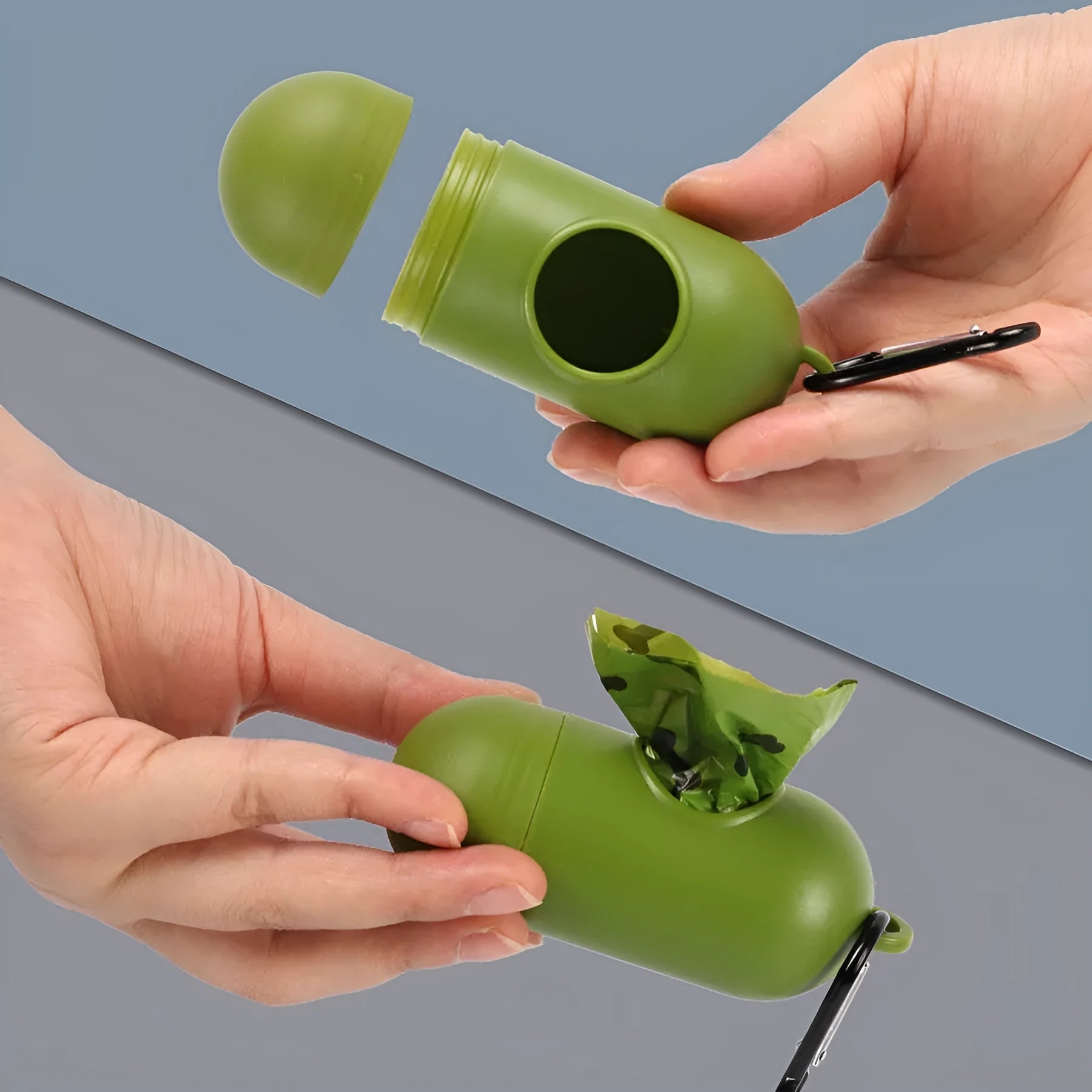 Roll of army green degradable dog poop bags with black bone print, showing bag size scale
