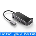 Silver aluminium grey USB-C docking station and converter hub for iPad Pro with multiple ports.