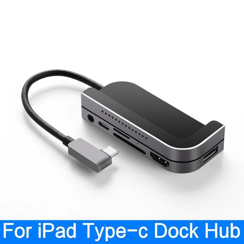 Silver aluminium grey USB-C docking station and converter hub for iPad Pro with multiple ports.