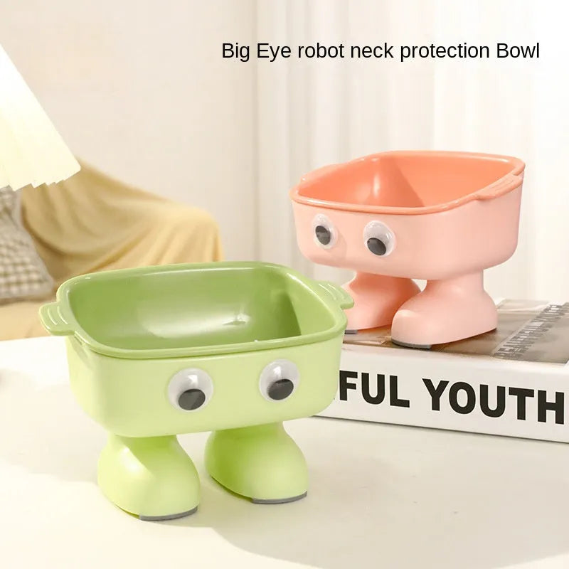 Green robot elevated cat bowl with tilted design and anti-slip base for pet feeding