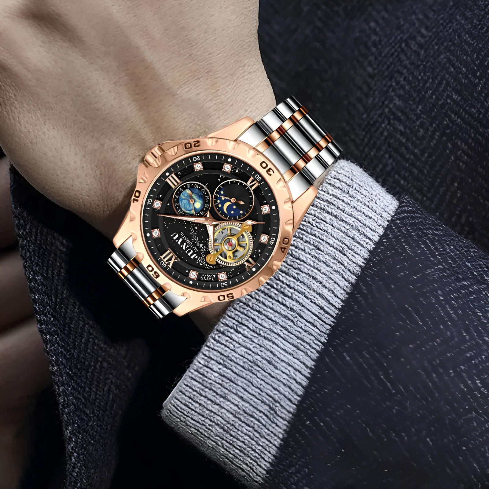 Automatic mechanical watch with waterproof construction and luminous dial options for men