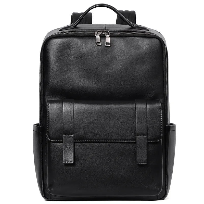 Men's black leather computer backpack with woven detailing and substantial 36-55 litre capacity