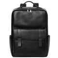 Men's black leather computer backpack with woven detailing and substantial 36-55 litre capacity