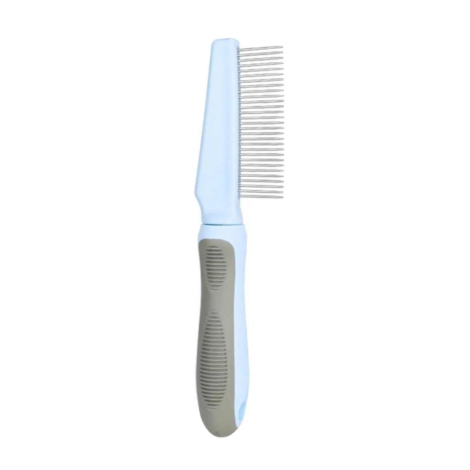 Blue pet grooming comb with three interchangeable heads: dense needle, high-low needle, and sparse needle configurations