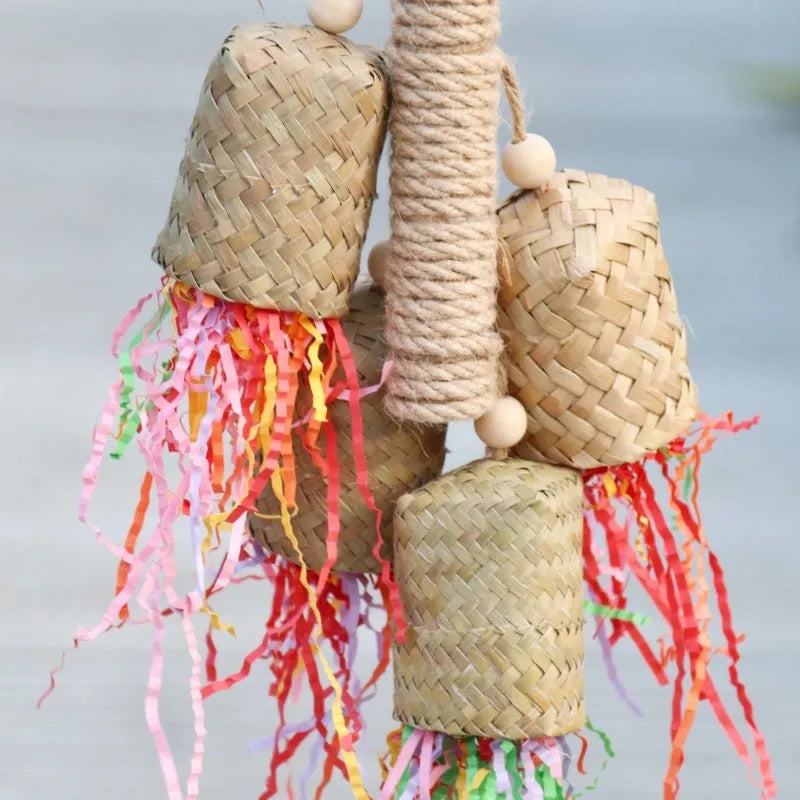 Wood and sisal shredded paper bird toy for parrots with colourful paper strips