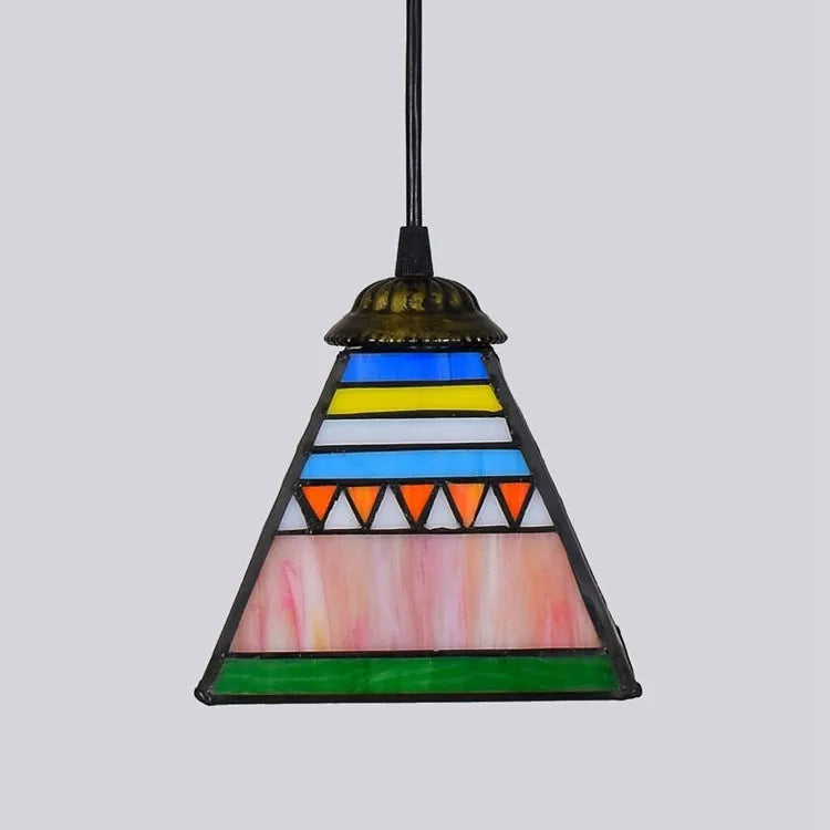 Art stained glass droplight pendant with coloured glass shade and iron mounting hardware