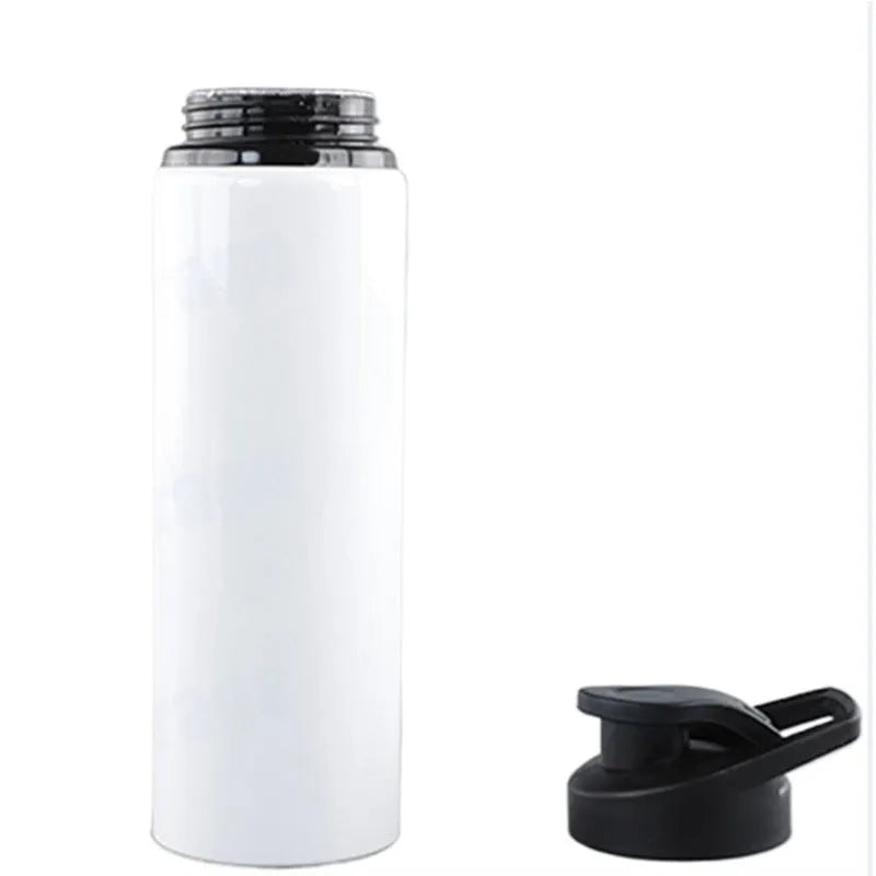 White aluminium sports water bottle for cycling with 600ml and 750ml capacity options.