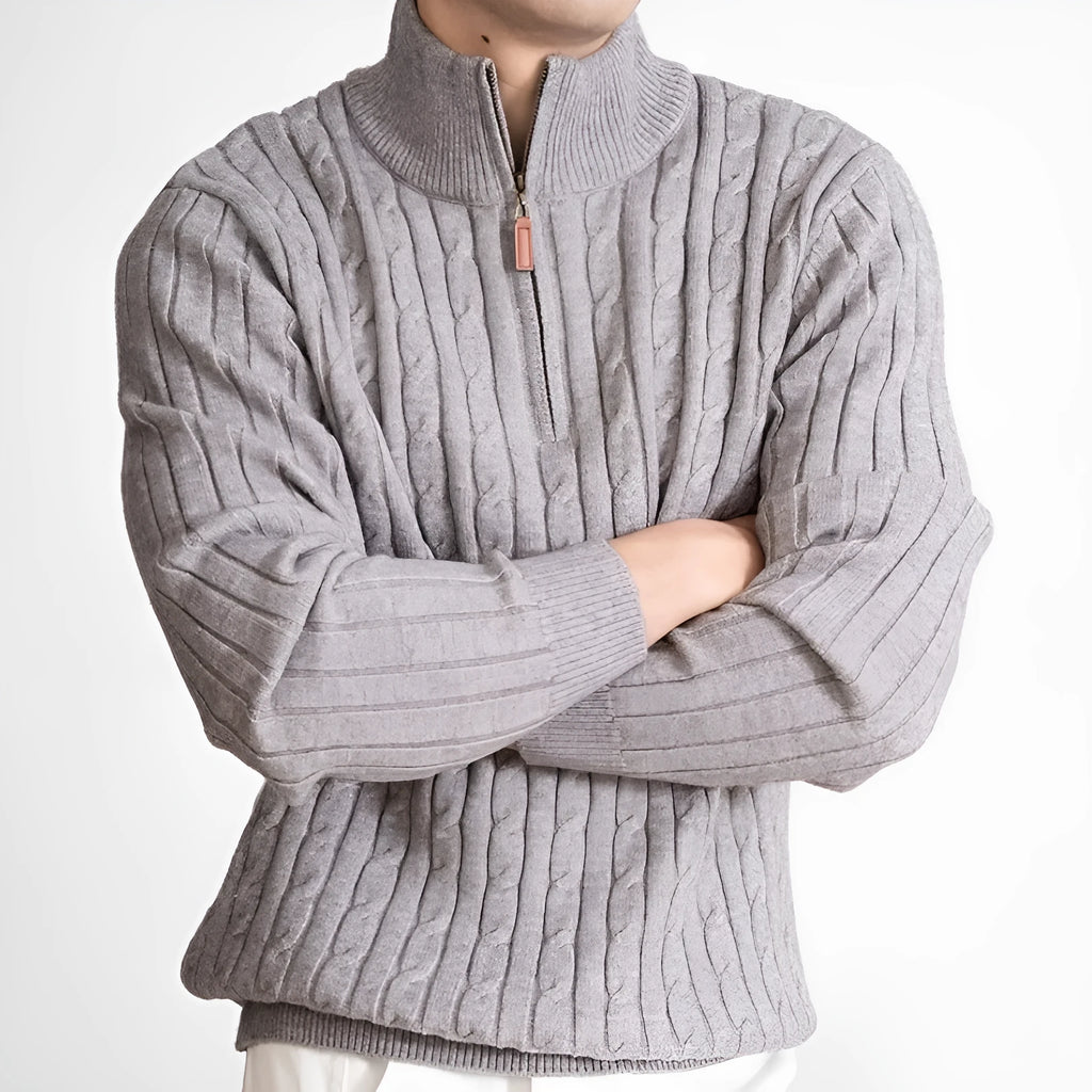 Men's solid colour half-height zip twisted sweater in oatmeal, long sleeves, cotton blend