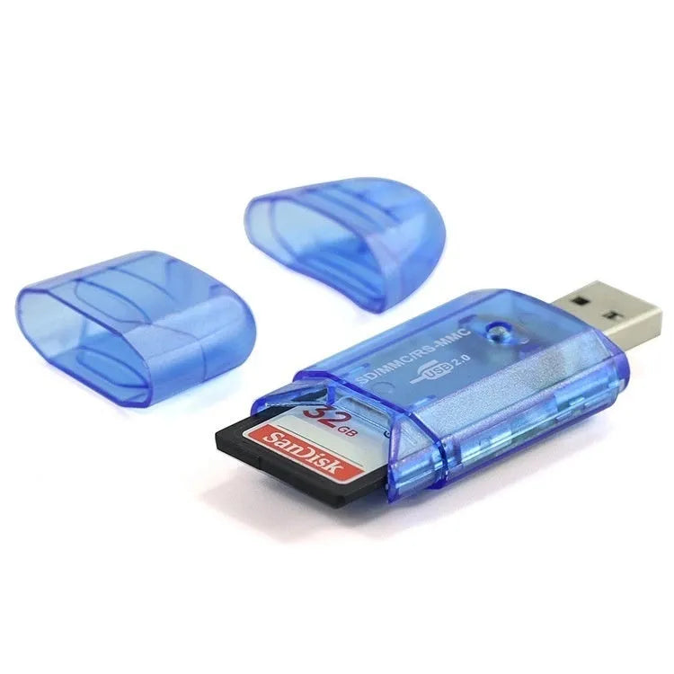 Transparent USB 2.0 card reader with clear plastic housing showing internal components