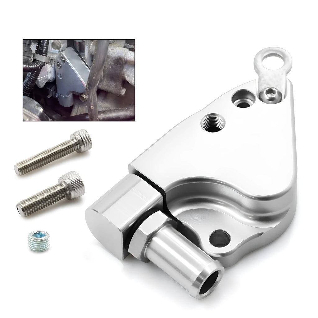 Aluminium intake manifold coolant adapter for Honda K20 K24 engines showing ports and mounting surfaces