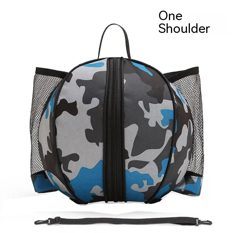 Black Oxford cloth basketball bag with one shoulder strap, shown next to a basketball.