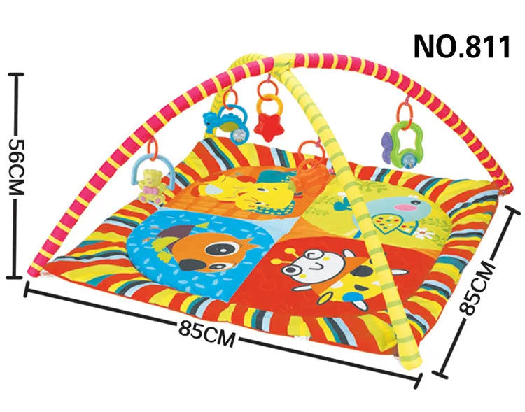 Baby play mat with colourful animal patterns on soft velvet fabric for crawling and floor play.