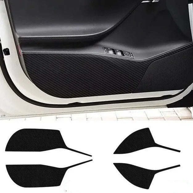 Carbon fibre protective film kit for Tesla Model S doors showing four pre-cut pieces