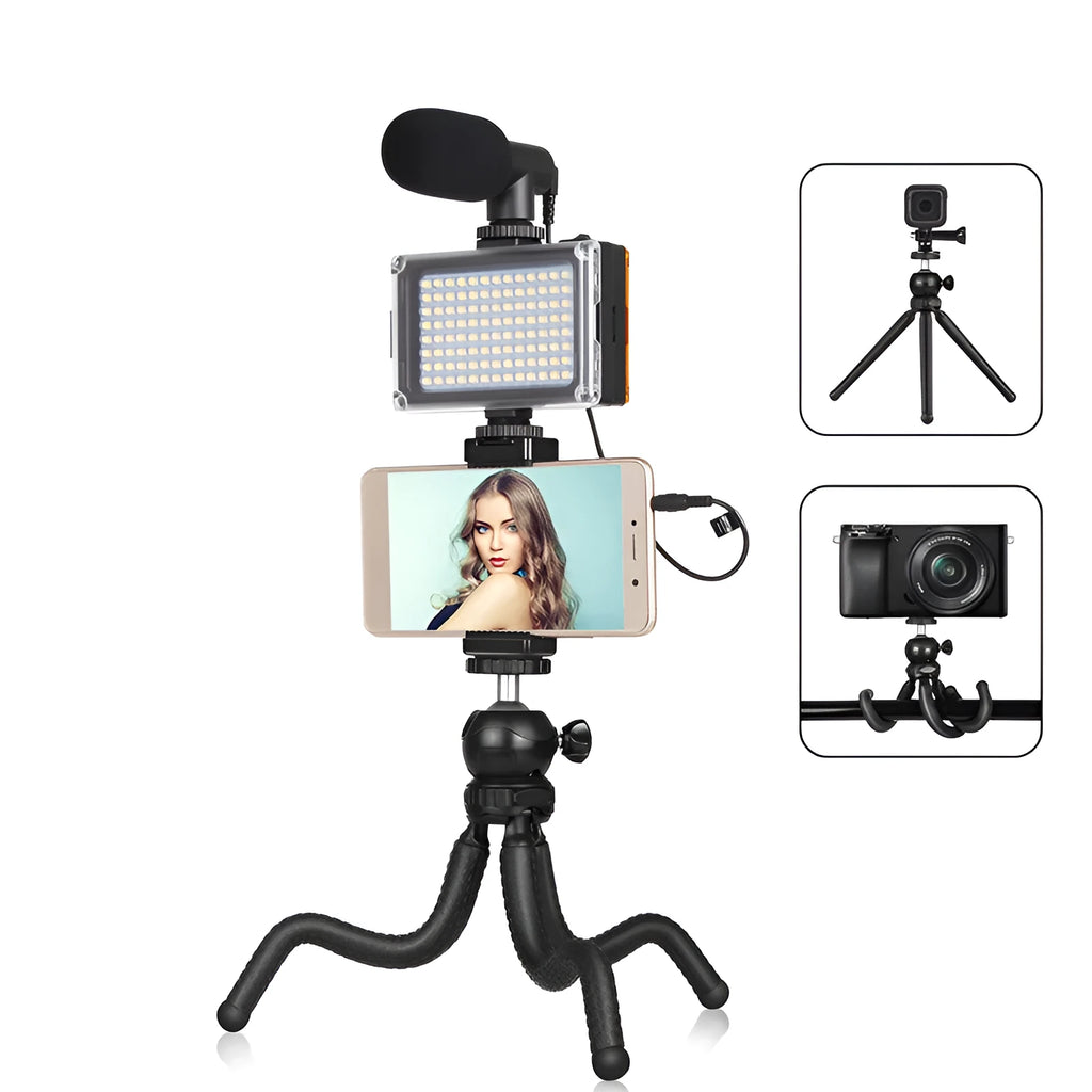 Black octopus-style flexible tripod with integrated fill light and microphone for iPhone live broadcasting.
