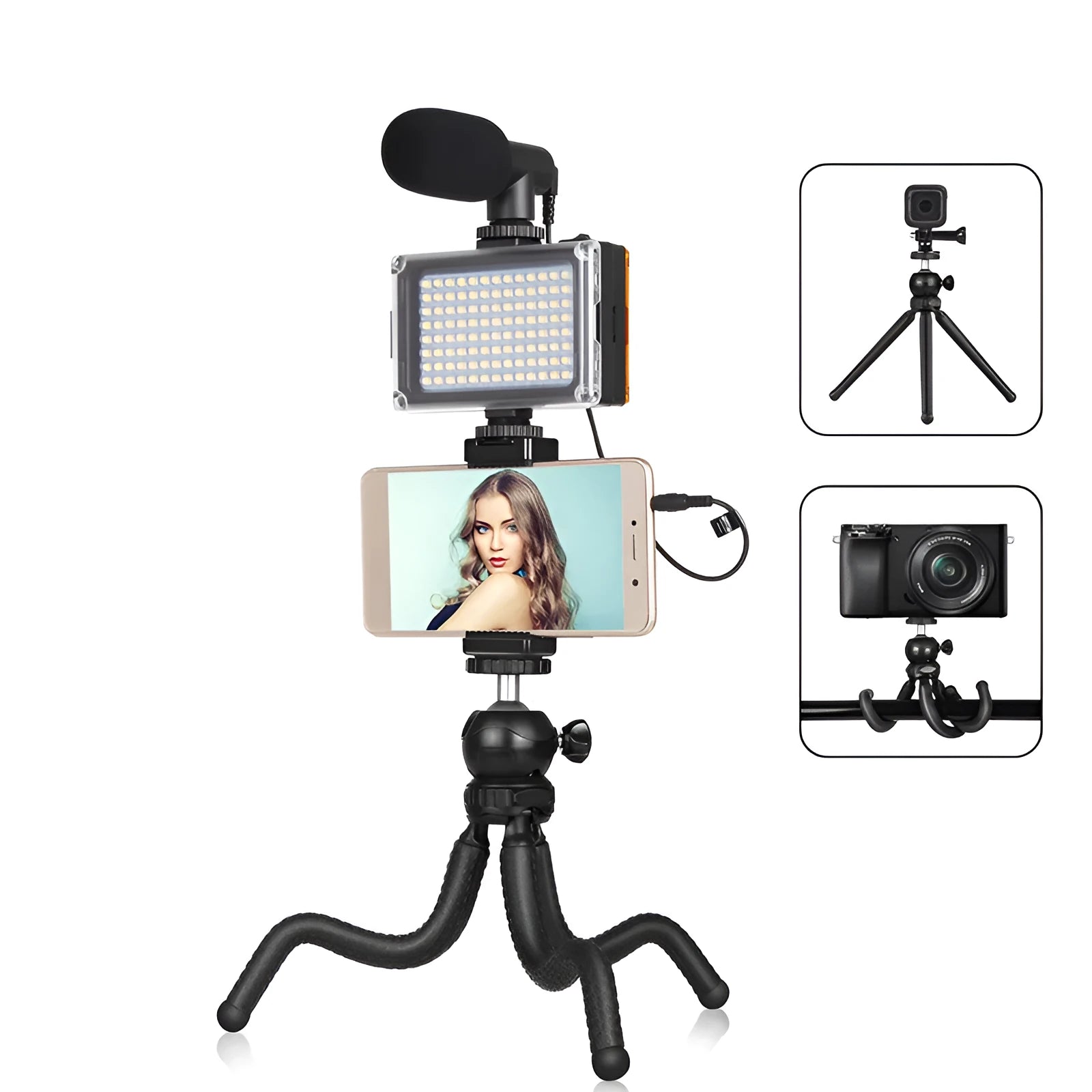 Black octopus-style flexible tripod with integrated fill light and microphone for iPhone live broadcasting.