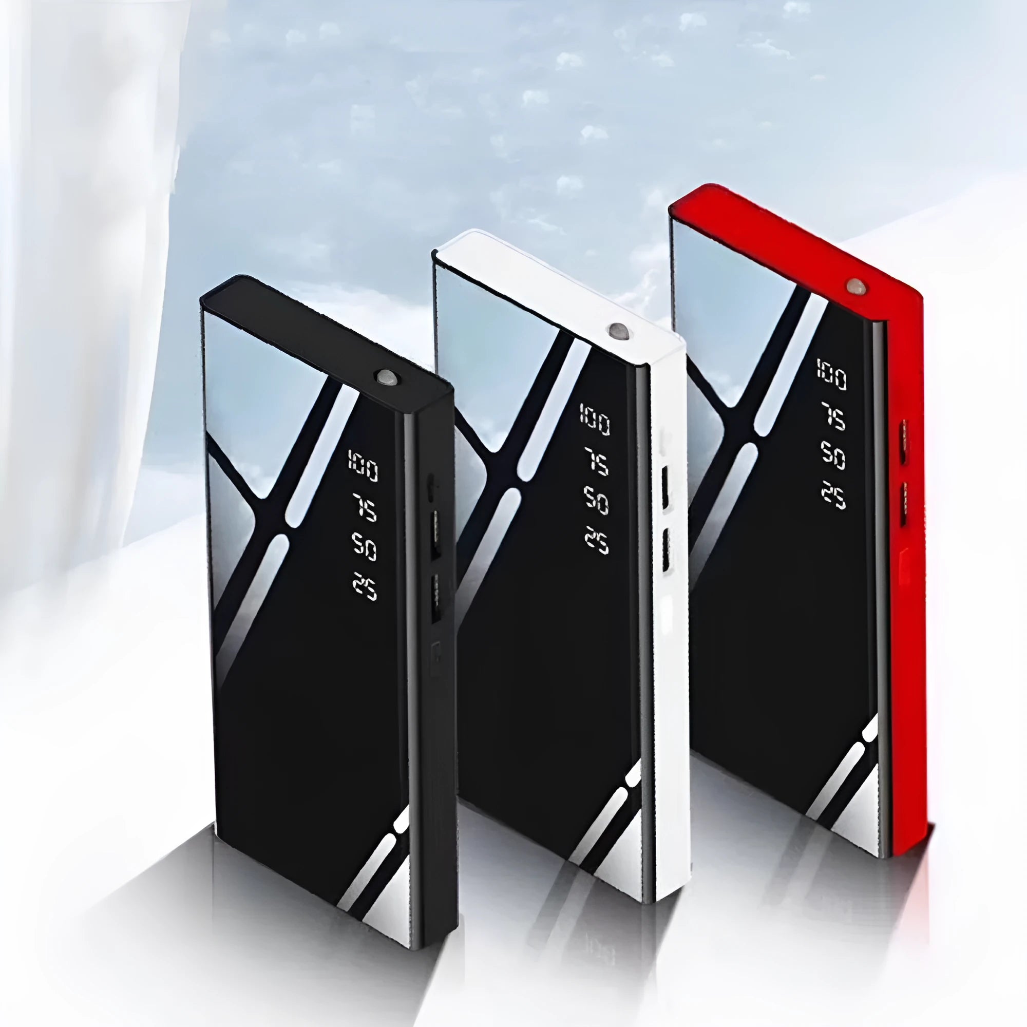 20000mAh portable power bank with LCD screen, dual USB ports, and LED torch in black, red, or white.
