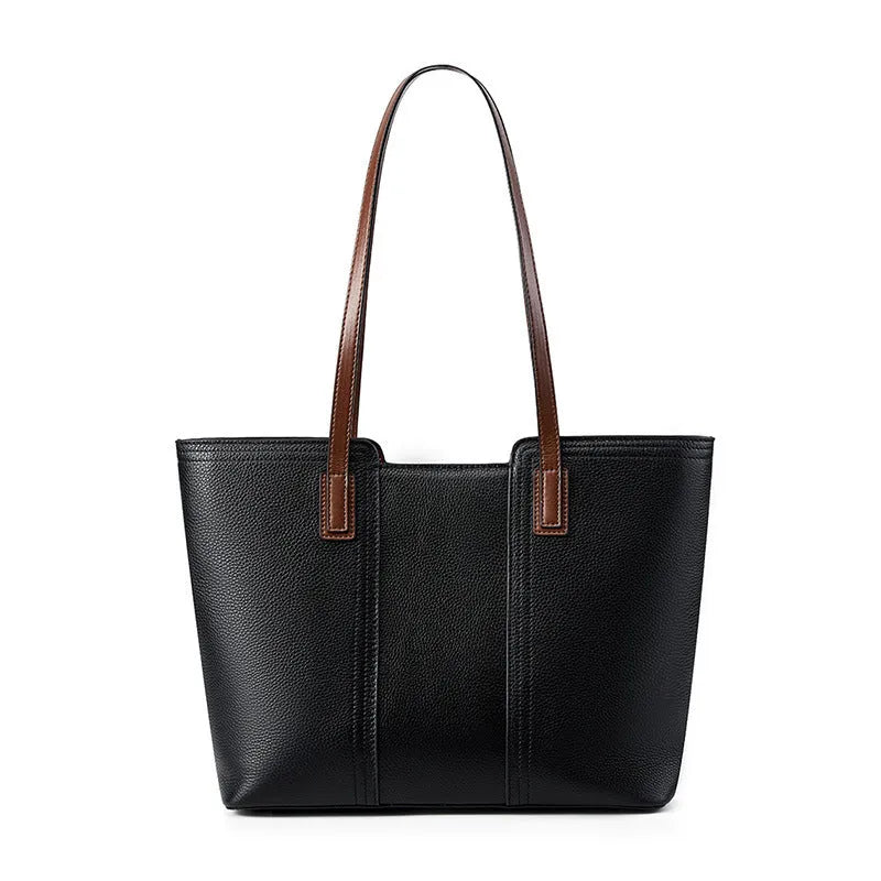 Black genuine leather women's commuter shoulder bag with horizontal square shape and single shoulder strap