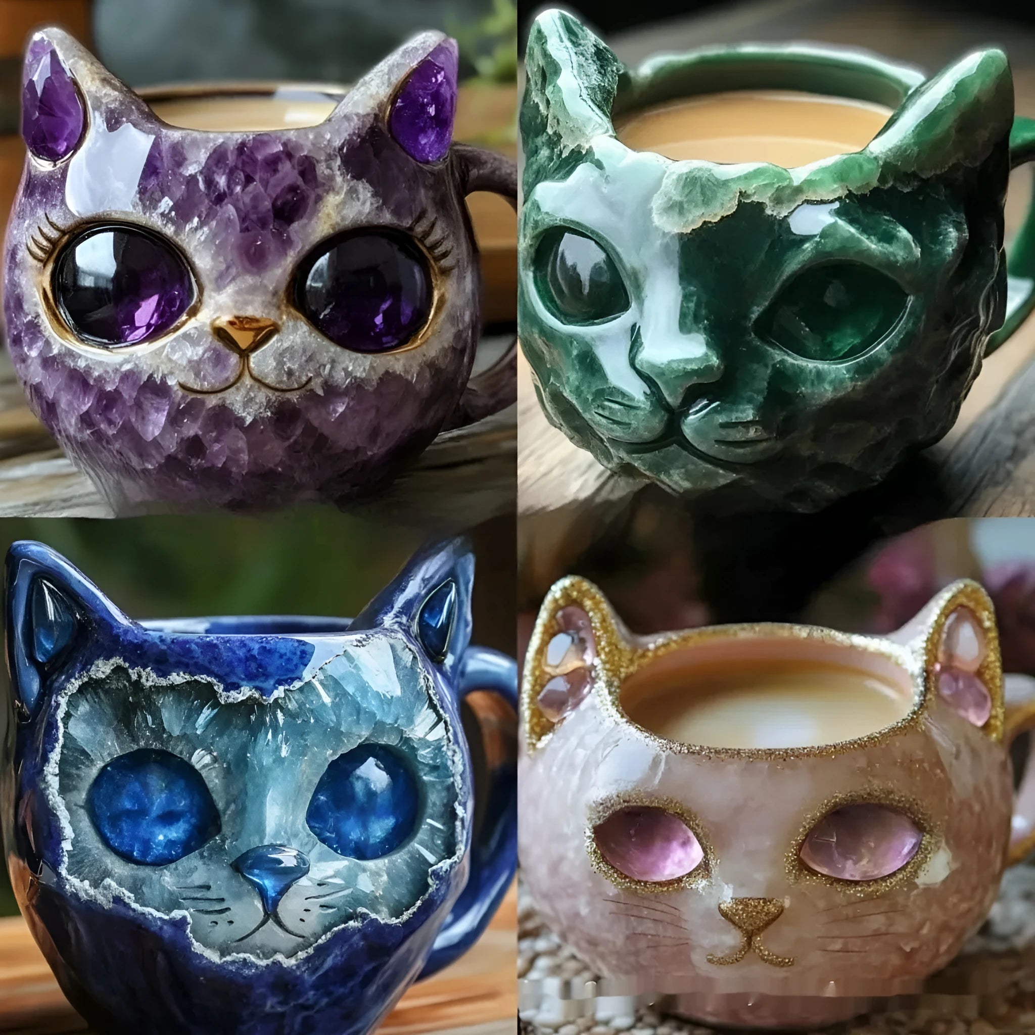 Purple geode crystal cat-shaped resin mug on a white background.