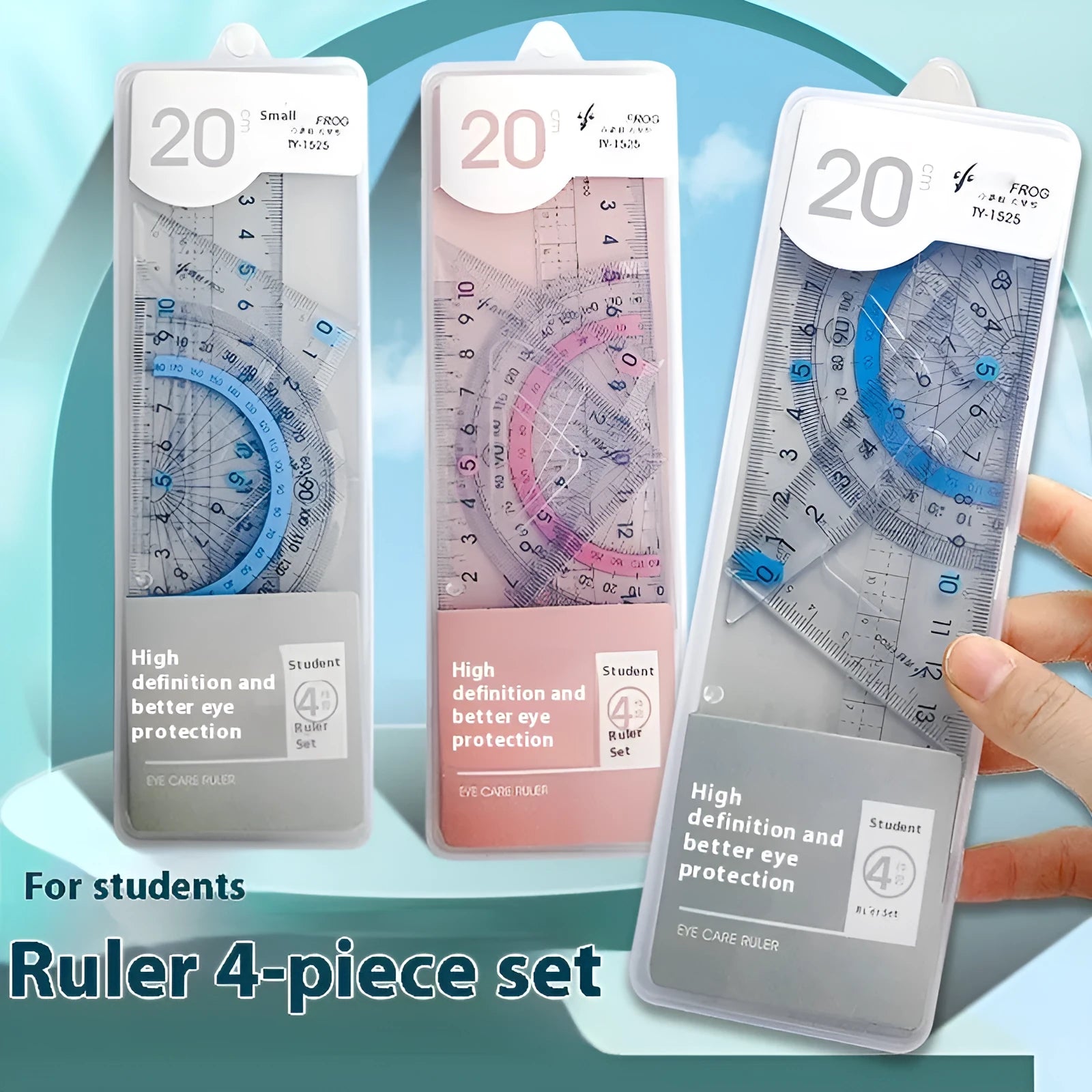 Youpai transparent acrylic drawing ruler set with square protractor and triangle rulers on a technical sketch.